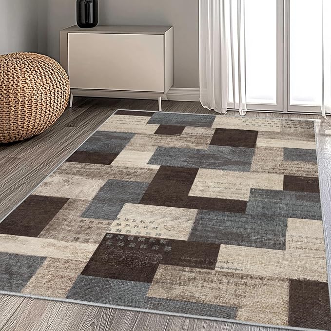 Modern Geometric Patchwork Indoor Area Rug for Living Room, Blue-Taupe 10'x 14' Large Rug Rockwood Collection Hardwood Floors Decor for Bedroom, Blue Throw Carpet for Entryway Dining Room