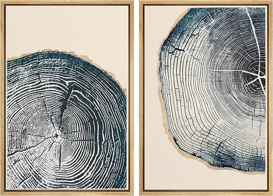 MUDECOR Framed Canvas Print Wall Art Navy Blue Wood Tree Ring Nature Illustration Modern Art Decorative Multicolor Geometric Minimal for Bedroom - 16"x24"x2 Natural