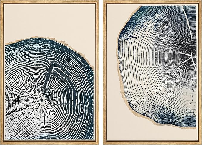 MUDECOR Framed Canvas Print Wall Art Navy Blue Wood Tree Ring Nature Illustration Modern Art Decorative Multicolor Geometric Minimal for Bedroom - 24"x36"x2 Natural