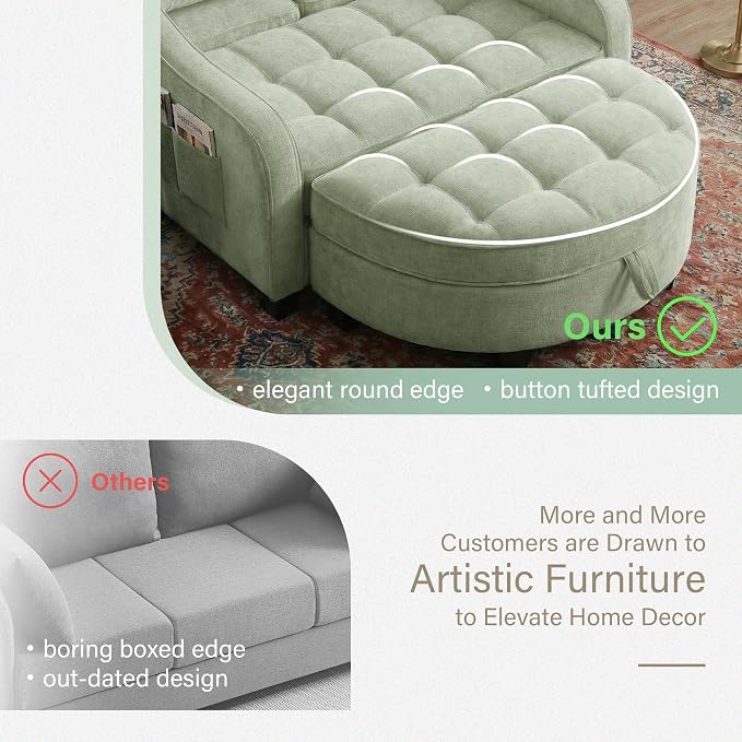 Round Chaise Lounge Chair with Storage Ottoman, Oversized Bubble Chair and a Half Featuring Adjustable Backrest, Plush Reading Accent Chair and Ottoman Set for Bedroom, Mint Cyan