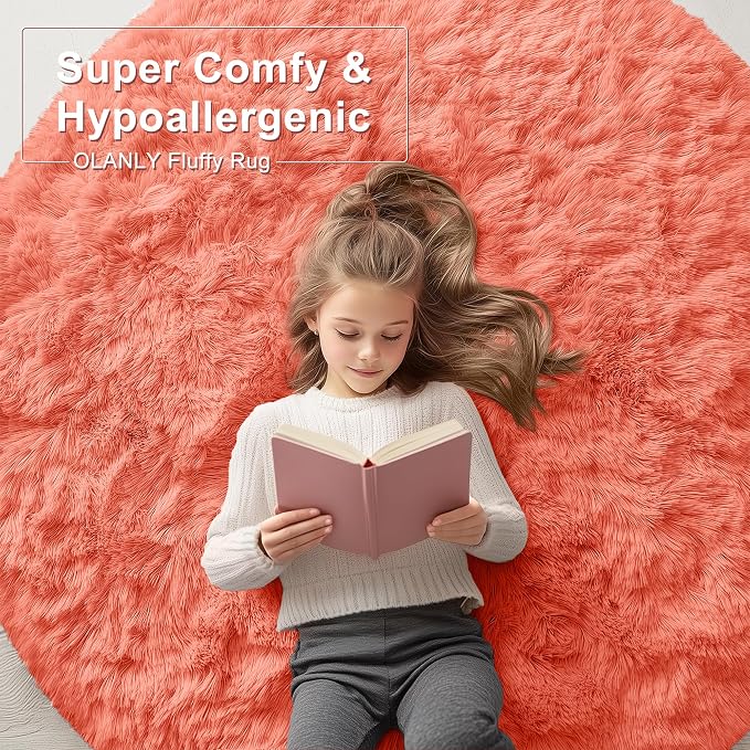 OLANLY Coral Red Round Rugs for Bedroom - Machine Washable, 8 ft Circle Area Rugs for Living Room, Soft and Fluffy Shaggy Carpet for Teen Girl and Boys, Nursery Rooms, Dorms, Home Decor Aesthetic