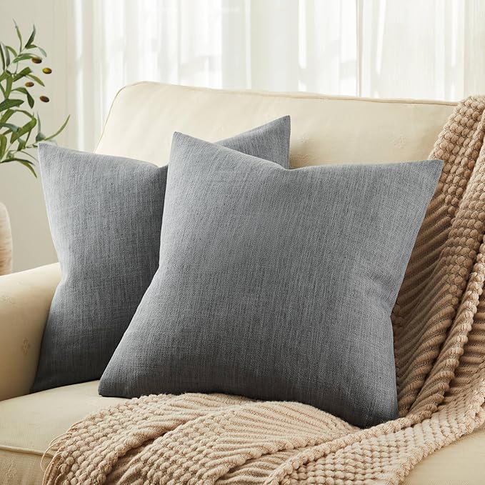 ZeeMart Rustic Cotton Linen Throw Pillow Covers Set of 2, 16x16 Inch Dark Grey, Farmhouse Style Decorative Couch Pillow Cases Cushion Covers for Sofa Bed Living Room Home Decor