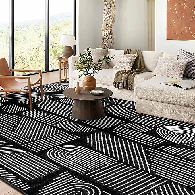 MUJOO 8x10 Washable Area Rug,Mid Century Modern Abstract Non Slip Low Pile Rug,Black and White Large Rug for Living Room Bedroom Dining Room
