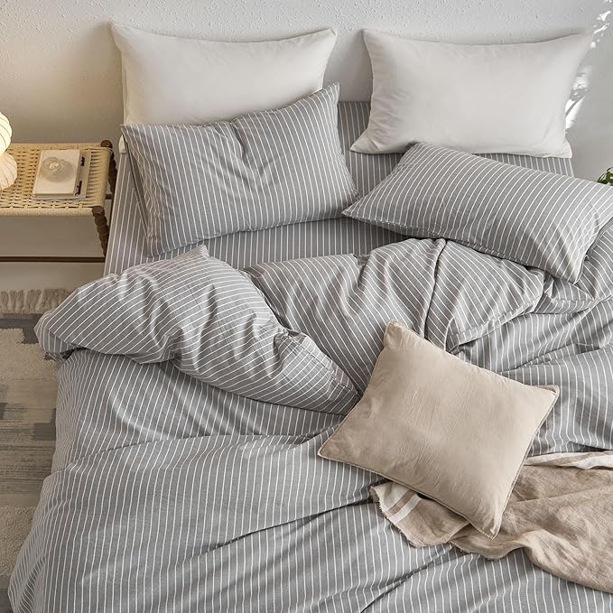 MooMee Striped Duvet Cover Set 100% Washed Cotton Linen Like Textured Breathable Durable Soft Comfy (Light Grey White Wide Stripes, Super King Plus 120"x120")