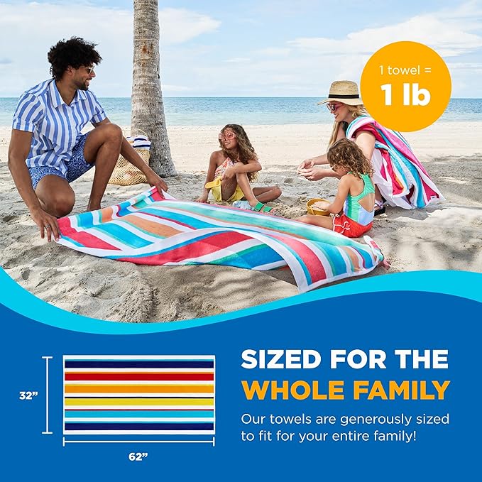 Kaufman - Joey Velour Colored Classic Multi-Color Stripe Beach & Pool Towel - Large 100% Combed Cotton Beach Towel - Soft & Absorbent Colorful Towels - 32" x 62" - 24 Pack