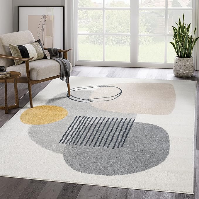 Abani Deco Collection Area Rug - Cream Minimalist Geometric Design - 8'11" x 12'(9'x12') - Easy to Clean - Durable for Kids and Pets - Non-Shedding - Medium Pile - for Living Room, Bedroom & Office