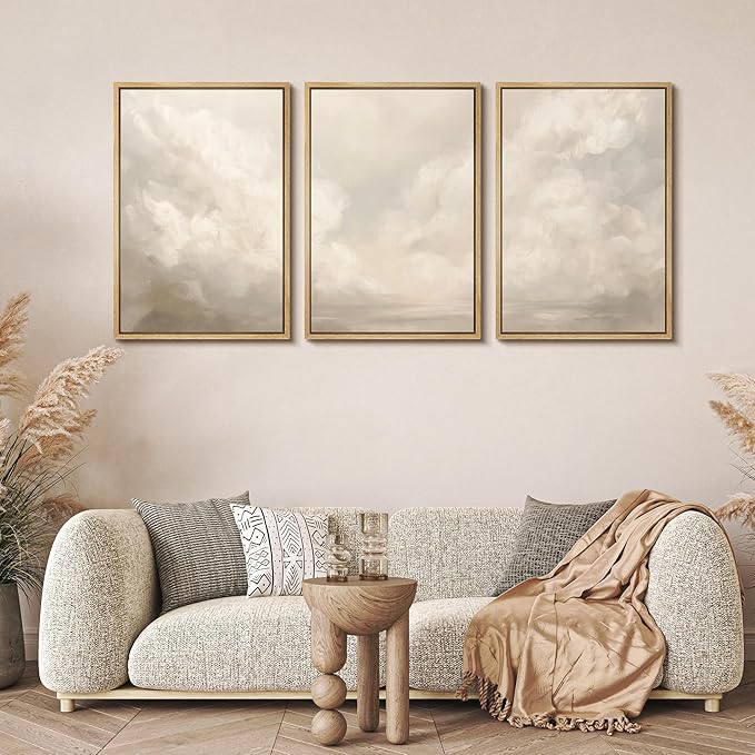 MUDECOR Framed Wall Art Print Set Neutral Cloudscape Soft Beige Abstract Sky Illustrations Modern Art Boho Decorative Colorful Chic for Living Room, Bedroom, Office - 16"x24"x3 Natural