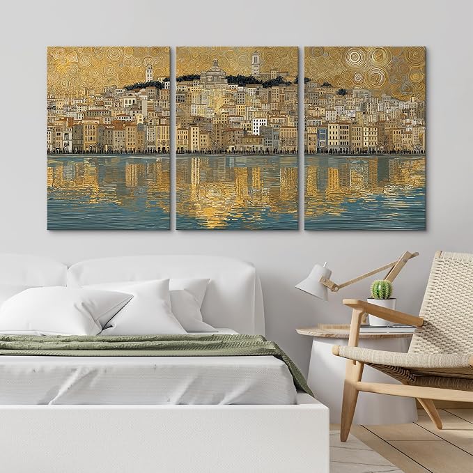 wall26 Canvas Print Wall Art Set Golden Cityscape Reflection Gustav Klimt Inspired Coastal TownDecorative Minimal Relax/Zen for Living Room, Bedroom, Office - 24"x36" x 3