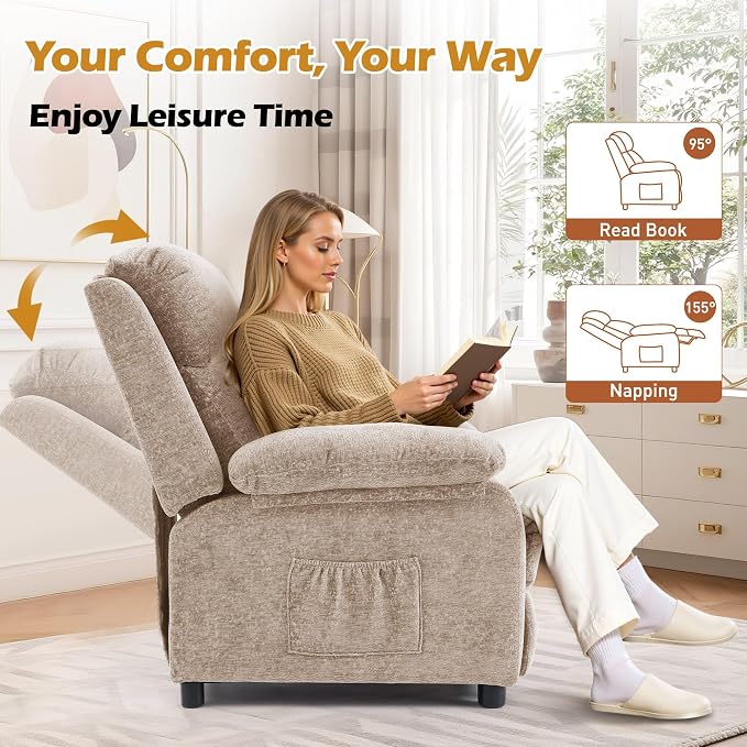 Korser Recliner Chair, Living Room Chairs for Adults, Padded Deep Seat Reading Chair with Side Pockets, Small Recliners for Small Spaces, Lounge Chair for Living Room, Bedroom, and RV (Chenille)