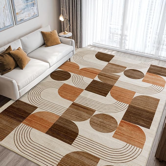Large Machine Washable 9x12 Area Rug, Soft Modern Geometric Abstract Orange Rugs for Bedroom Living Room, Non-Shedding Faux Wool Indoor Throw Floor Carpet for Office Entryway Dining Room Decor