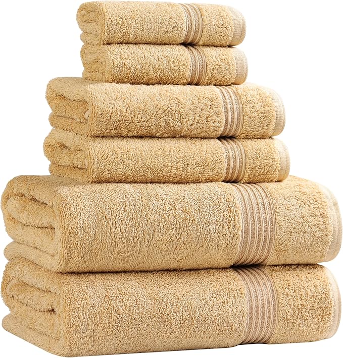 Superior Heritage Egyptian Cotton 6 Piece Towel Set, Heavyweight Towels for Bathroom, Guest Bath, Luxury Home Decor, Plush Absorbent Essentials, Includes 2 Bath, 2 Hand, 2 Face Towels, Gold