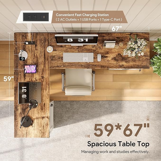 Decofy L Shaped Farmhouse Executive Desk with Drawers, 67" Home Office Desks with Fast Charging Station, Lockable File Cabinet, Wood Writing Computer Desk for Work, Study, White