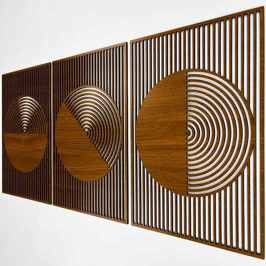 Abstract Boho Wood Wall Art Set of 3, Geometric Wooden Circle Panels, Mid Century Modern Designer Decor, Large Statement Housewaming Gift for Living Room and Bedroom