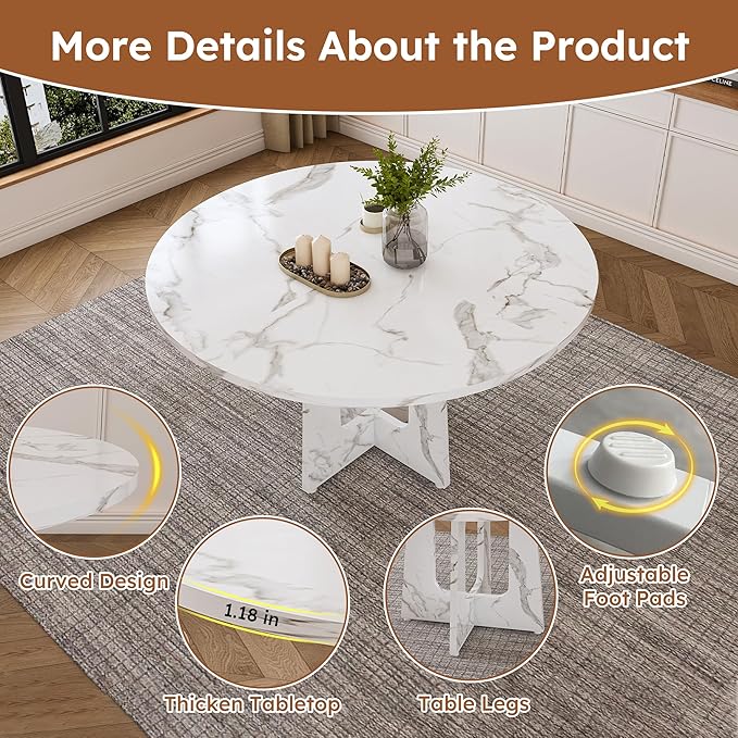 47" Round Dining Table for 4-6,White Faux Marble Dining Room Table,Modern Kitchen Table with Cross Legs for Dining Room Kitchen