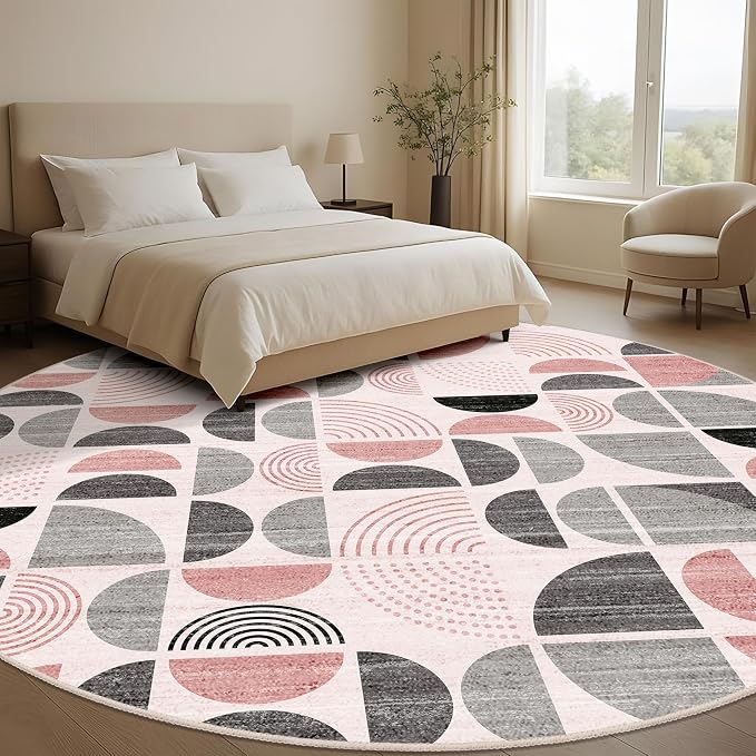 MUJOO Round Rugs 9ft,Circle Area Rug Washable,Circular Rugs for Living Room Dining Room,Large Boho Non Slip Throw Floor Carpet Modern Abstract Pink and Grey