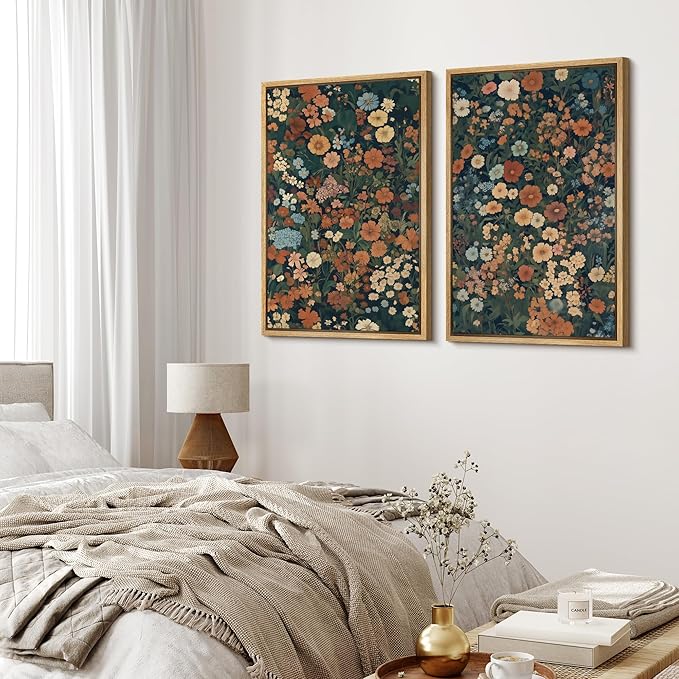 MUDECOR Framed Canvas Print Wall Art Vintage Floral Botanical Colorful Wildflowers Illustrations Modern Art Decorative Bohemian Colorful for Living Room, Bedroom, Office - 24"x36"x2 Natural