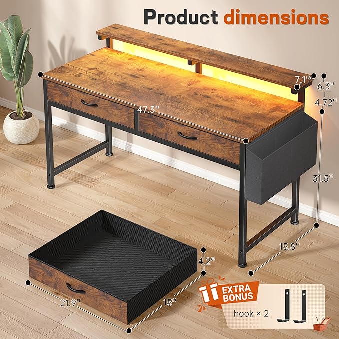 DurayLoly 47.3Inch Office Computer Desk with LED Lights & 2 Fabric Drawers, Gaming Desk with Side Pocket & Ergonomic Monitor Stand, Small Space Study Writing Table with Anti-Tip Design, Rustic Brown