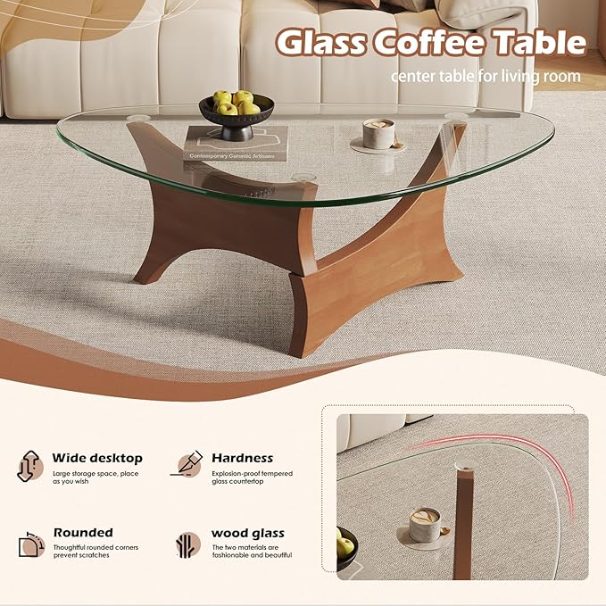 Glass Coffee Table Mid-Century Modern Coffee Table for Living Room Center Table Suitable for Bedroom Living Room Reception Office Tables（Walnut/Transparent，Large）
