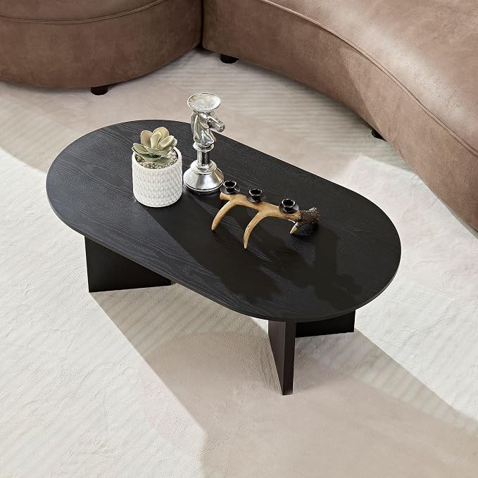 SSLine Mid-Century 39.37" Oval Coffee Table with Pedestal Base Black Wood Grain Top Cocktail Center Table for Living Room Bedroom