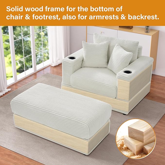 Oversized Chaise Lounge Chair Indoor with USB, Cup Holder & Ottoman, Firm Solid Wood Frame with Long Service Life Corduroy Oversized Lounge Reading Chair for Study Room - Beige White