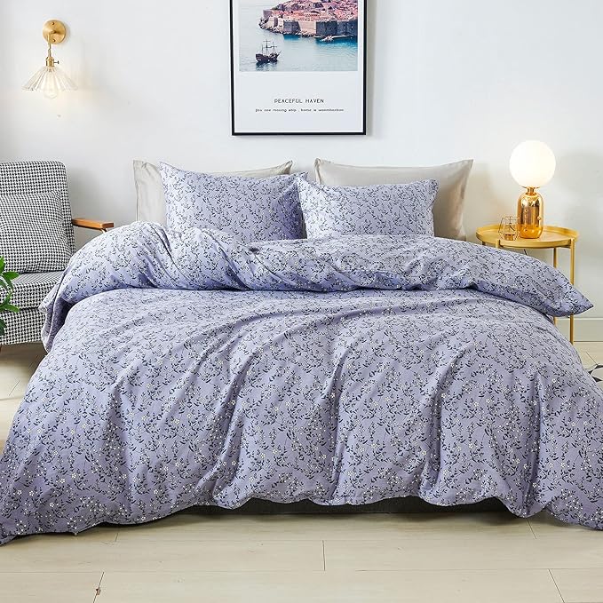 HoneiLife Queen Size Duvet Cover - Cotton Comforter Sets, Floral with Zipper Closure & Corner Ties, Pale Purple, Soft & Breathable - Lavender Grey, 3Pcs