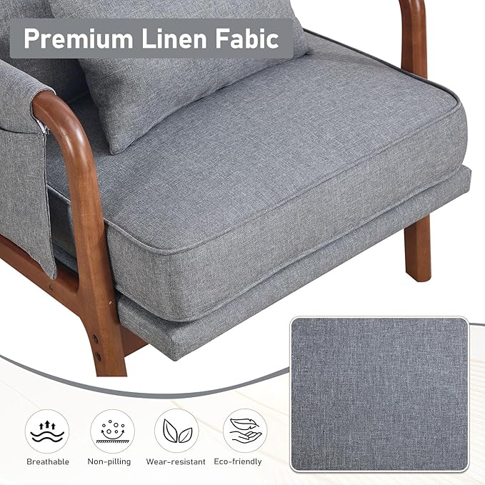 ANJ Mid Century Modern Accent Chair Set of 2, Lounge Reading Armchair with Extra Side Pocket & Detachable Cushion, Comfy Fabric Accent Chairs for Living Room, Bedroom, Grey