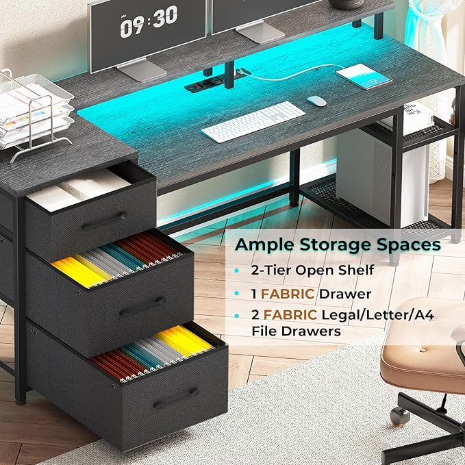 SEDETA 59" Office Desk with File Drawers, Reversible Computer Gaming Desk with Storage, LED Lights & Power Outlet, Home Office Desks for Printer, Grey