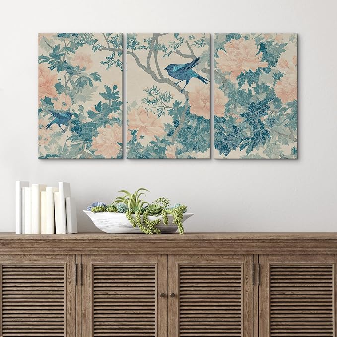 wall26 Canvas Print Wall Art Set Elegant Blue Bird and Peony Floral Pattern Decorative Minimal Relax/Zen for Living Room, Bedroom, Office - 24"x36" x 3