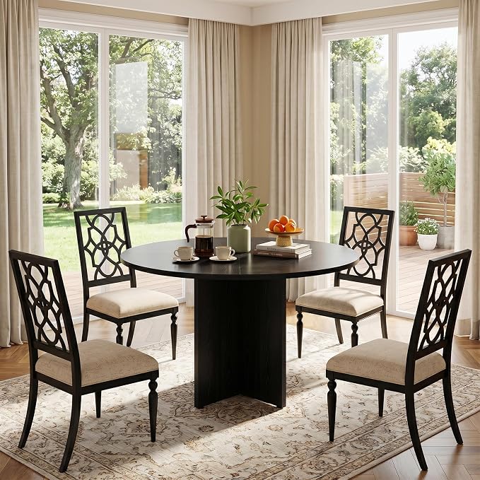 47 Inch Round Dining Table for 4-6 People, Rustic Circle Kitchen Table with X-Shaped Stable Pedestal, Dinner Table for Dining Room Kitchen Living Room, Black