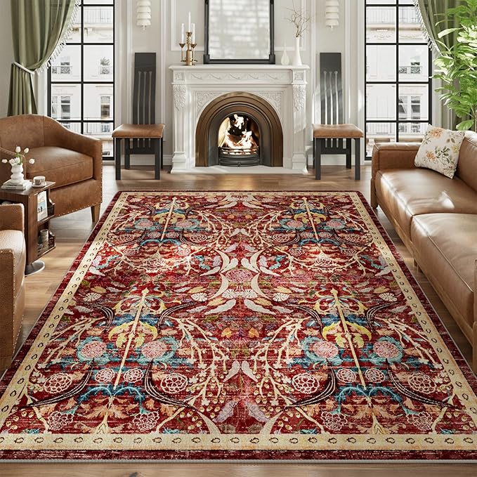 AMTOVO 8x10 Washable Area Rugs for Living Room, Non-Slip Large Soft Boho Floral Accent Rug, Vintage Pattern Printed Carpet for Bedroom Dining Room Farmhouse Nursery Room Home Office, Red