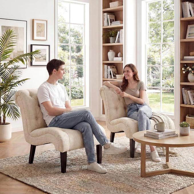 Mid Century Modern Accent Chair, Button Tufted Armless Lounge Chair, Upholstered Linen Side Chair with Solid Wood Legs for Bedroom, Living Room, Office