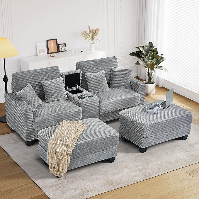 Oversized Chaise Lounge Chair Indoor with Storage & USB, Cup Holder & Ottoman, Firm Solid Wood Frame with Long Service Life Corduroy Oversized Lounge Reading Chair for Large Study Room - Light Grey
