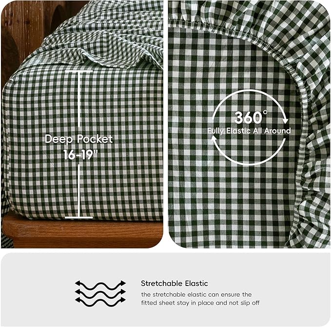 MooMee Gingham Sheet Set 100% Washed Cotton Linen Like Textured Breathable Soft w/Fully Elasticized 16-19" Deep Pocket (Mini Gingham Forest Green, Queen)