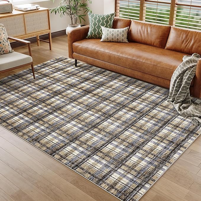 Washable Rug 9x12 Area Rug for Living Room Modern Bedroom Rug Large Area Rug Non Slip Throw Rugs Soft Low Pile Stain Resistant Carpet for Dining Room Department Dorm, 9'x12' Blue&Camel