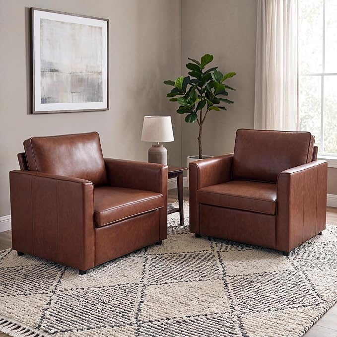Oversized Armchair, 39" Accent Chair for Living Room, Mid-Century Modern Armchair with Deep Seat Cushion & Solid Wooden Legs, Comfy Faux Leather Side Chair for Reading, Small Space, Brown