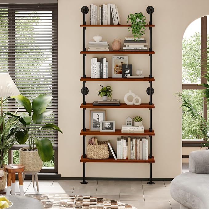 6 Tier Industrial Ladder Shelf Bookcase, Wall Mounted Rustic Bookshelf for Living Room Decor and Storage (Walnut Color, 6 Tier - 10" D x 36" W x 82.5" H)