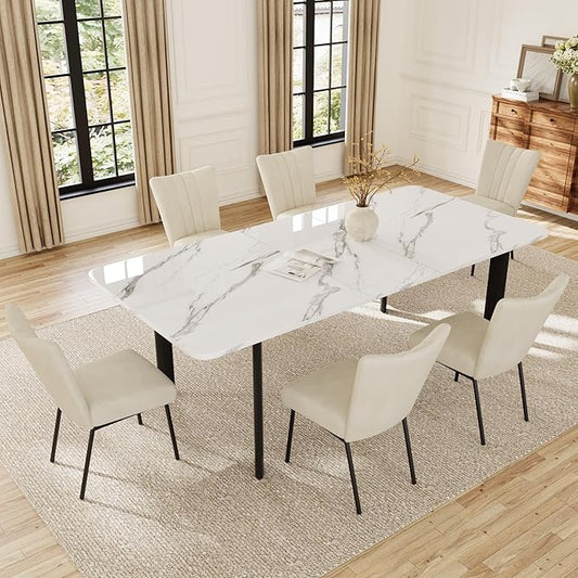 Extendable Dining Table Set for 6-8 People, 63 to 78.7 Inch MDF Kitchen Table with 6 Dining Fabric Chairs, Space-Saving for Dining Room, Breakfast Nook (White Table & 6 Beige Fabric Chairs)