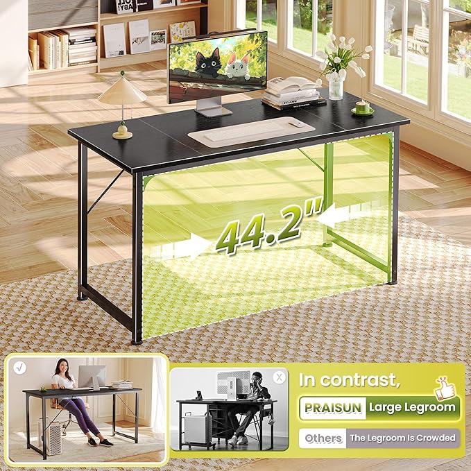 PRAISUN 47 Inch Computer Desk, Home Office Desk with Spacious Desktop, Modern Gaming Desk, Writing Study Table for Bedroom, Small Spaces, Work from Home Desk with Metal Frame, Black