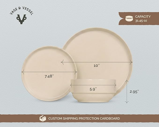 Vase and Vessel Ceramic Dinnerware Set, 12-Piece Service for 4, Soup Bowls (25 oz), Salad Plates (7.5"), Dinner Plates (10"), Round, Microwave and Dishwasher Safe, Sand, Cambridge Classics