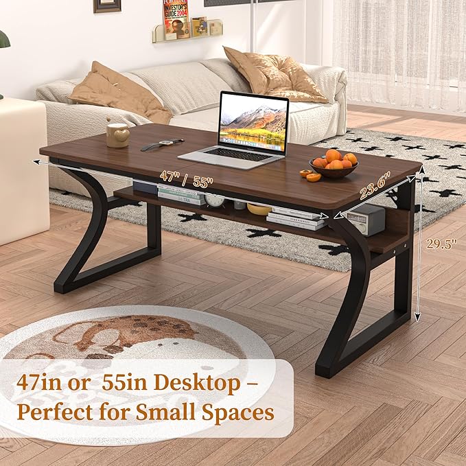 55 X 23.6'' Computer Desk, Home Office Desks w/Shelf Storage, Computer Desk w/Metal Frame, Cable Management, Study Student Desk Writing Work Table Deeper & Thicker Desktop for Home Bedroom