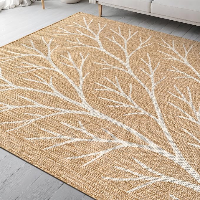Washable Indoor Outdoor Rug 5x7 Modern Area Rugs Branch Pattern Non Shedding Waterproof Easy Clean Patio Deck Porch Living Room Bedroom Garden RV (5 X 7 Natural)