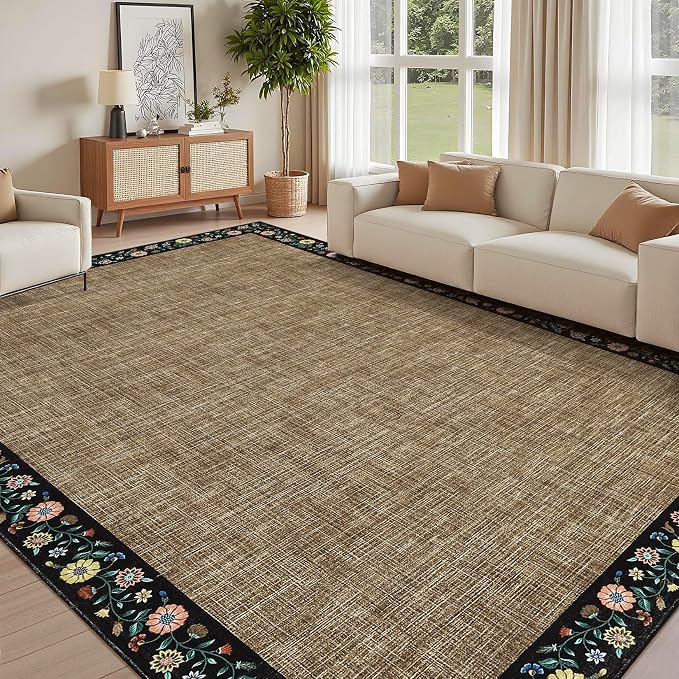 GarveeHome Washable Living Room Rug 9x12 Floral Bordered Area Rugs Soft Thin Indoor Carpet for Bedroom Modern Throw Aesthetic Mat Non Slip Stain Resistant Carpet for Dining Room Office, Brown