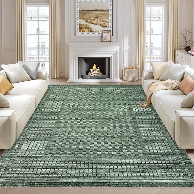 Washable Rug 9x12 Area Rug for Living Room Modern Bedroom Rug Checkered Green Plaid Large Area Rug Non Slip Throw Rugs Soft Low Pile Stain Resistant Carpet for Dining Room 9'x12' Green