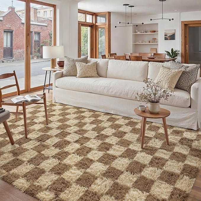 Checkered Rug 8x10 for Living Room, Brown Modern Shag Rug Washable Non-Slip Large Area Rug Super Soft Indoor Fuzzy Carpet Fluffy Rugs for Bedroom Home Aesthetic Decor