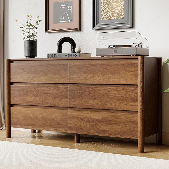 47" Wide 6-Drawer Dresser, Farmhouse Storage Chest with Solid Wood Legs, Large Organizer TV Stand for Bedroom, Living Room & Hallway, Walnut Finish