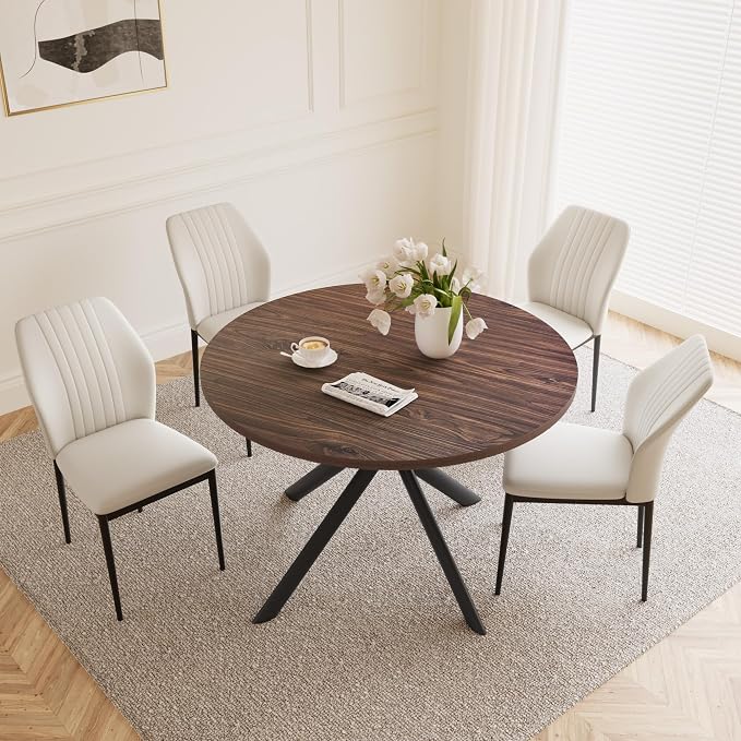 HIPIHOM 45.3'' Walnut Round Dining Table Set for 4, Mid Century Modern Small Coffee Set for Dining Room Kitchen Apartment (Dark Walnut Table + 4 White Chairs)