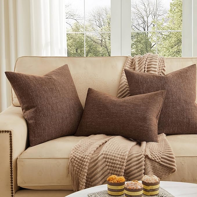 ZeeMart Rustic Cotton Linen Throw Pillow Covers Set of 2, 18x18 Inch Brown, Farmhouse Style Decorative Couch Pillow Cases Cushion Covers for Sofa Bed Living Room Home Decor