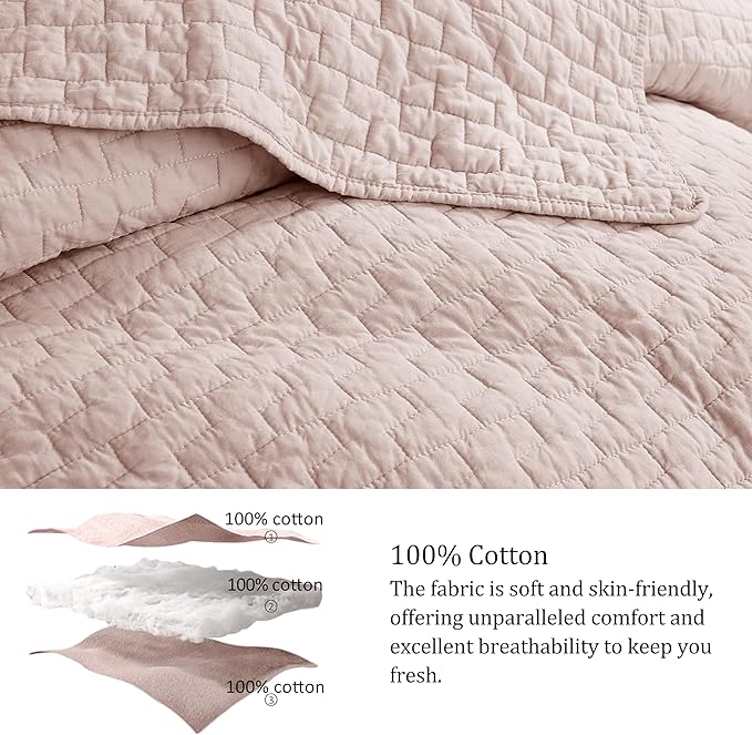 palassio Pink 100% Cotton Quilt California Cal King Size Bedding Sets with 2 Pillow Shams, Oversized Lightweight Bedspread Shabby Chic Coverlet, Soft Bed Cover for All Season, 3 Pieces