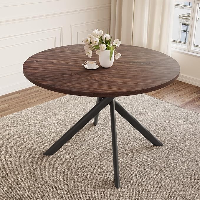 HIPIHOM 45.3 Inch Modern Round Dining Table for 4, Space-Saving Dinette with Carbon Steel Legs for Home Kitchen Apartment(Dark Walnut Table)