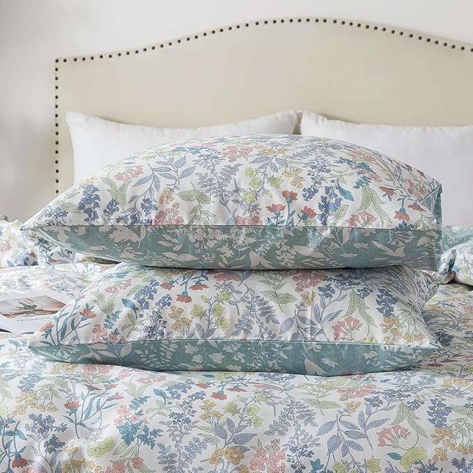 HoneiLife Cotton Queen Duvet Cover - Floral Comforter Cover 3-Piece, Botanical Bedlinen Sets with Zipper Closure & Corner Ties, Wildflower Bedlinen Sets for All Season Use